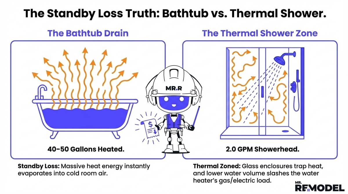 A thermal comparison infographic illustrating standby heat loss, showing how a 50-gallon bathtub rapidly loses heating energy to room air, while a glass-enclosed, low-flow walk-in shower traps heat and drastically reduces water heater energy loads.